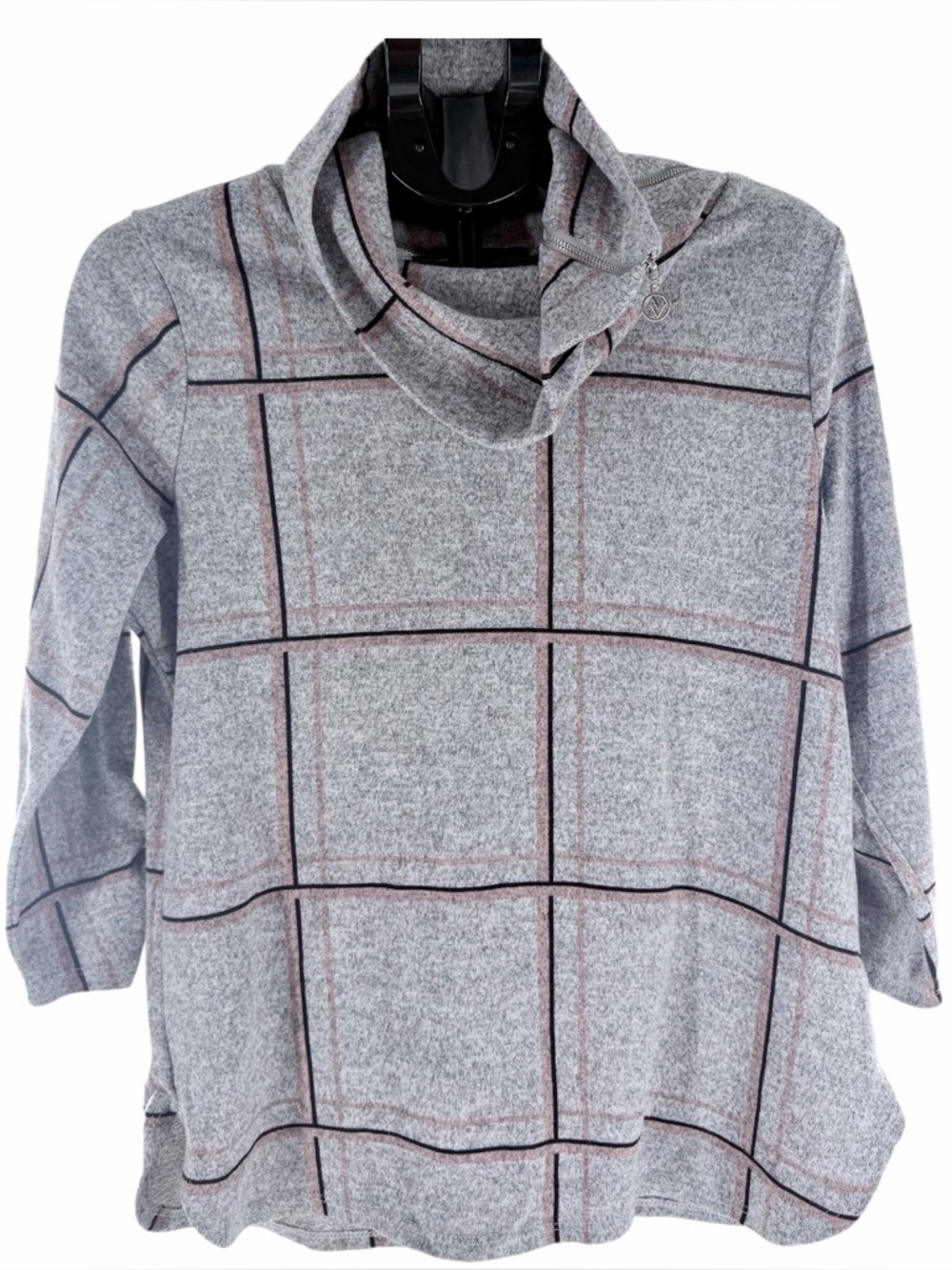 Adrienne Vittadini Top Women Large Gray Plaid Asymmetrical Zip Cowl Neck Sweater